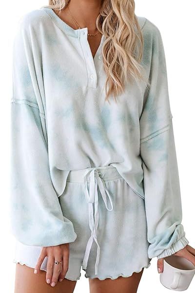 Lopie Womens Lounge Sets 2 Piece Pajamas Long Sleeve Tops Shorts Sleepwear Tie Dye Ruffle Nightwear Sky Blue XXL