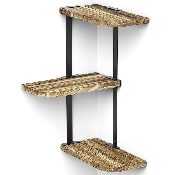 Love-KANKEI 3-Tier Rustic Wood Floating Corner Shelf - Stylish Wall Mount for Any Room - Carbonized Black Decor