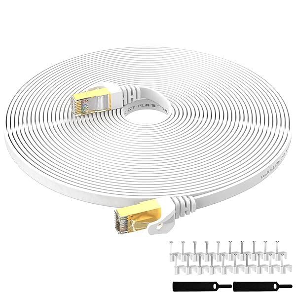 Lovicool Cat7 Ethernet Cable 100ft White High Speed Flat LAN Cable with Clips Faster Than Cat5 Cat6 for Reliable Internet Connection