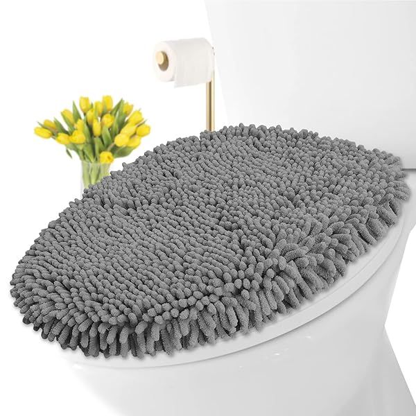 LuxUrux Soft Chenille Toilet Lid Cover - Machine Washable, Non-Slip, Fits Most Sizes, Gray Bathroom Decor