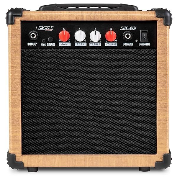LyxPro 20 Watt Electric Guitar Amp with Built In Speaker Headphone Jack Aux Input Gain Bass Treble Volume and Grind Natural
