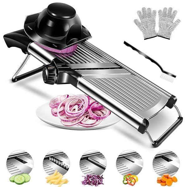 MASTERTOP Adjustable Mandoline Slicer: Stainless Steel Vegetable & Fruit Cutter for Perfect Julienne, Onion, Potato & More