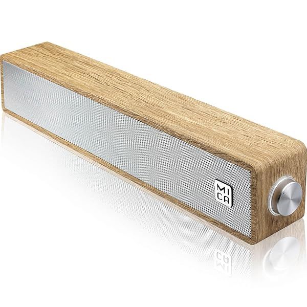MICA Computer Speakers, Wired Computer Sound Bar, Wooden Mini Soundbar, USB Powered PC Speakers 3.5mm AUX & PC Input (Yellow)