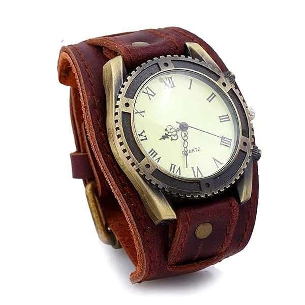 MINILUJIA Vintage Retro Punk Men's Wrist Watch - Big Face Bronze Dial & Wide Genuine Leather Cuff Band