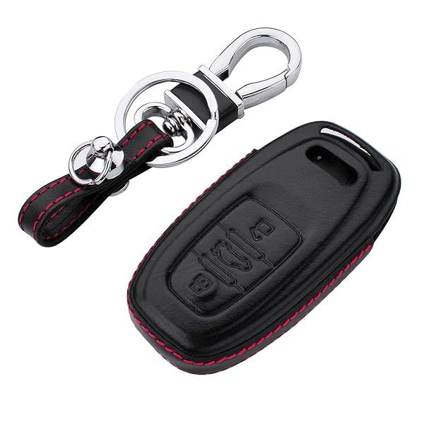 M.JVisun Genuine Leather Key Fob Case for Audi Smart Key Men Women Black Keychain Holder with Metal Hook and Key Rings Kit