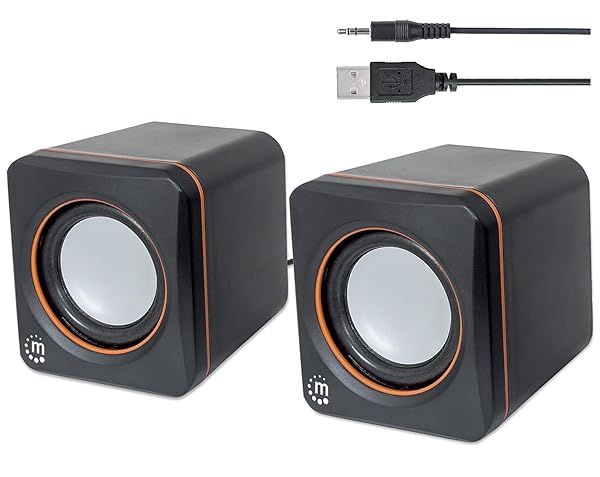 Manhattan USB Powered Stereo Speakers - Compact, Volume Control, 3.5mm Aux - Perfect for Laptops & Desktops - 3 Yr Warranty