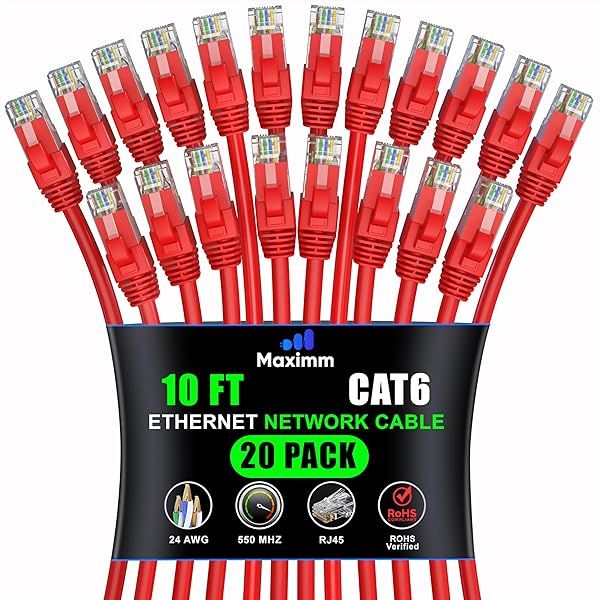 Maximm Cat 6 Ethernet Cable 10 ft (20-Pack) - High-Speed LAN Cable, Internet Cable, Patch Cable, and Network Cable - UTP, 10Gbps, 550MHz Ethernet Cord - Red