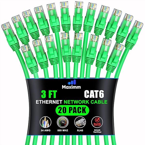 Maximm Cat 6 Ethernet Cable 3ft (20-Pack) - High-Speed 10Gbps LAN & Network Cables - UTP, 550MHz, Green