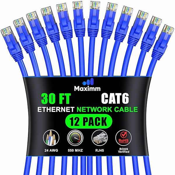 Maximm Cat 6 Ethernet Cable 30 ft (12-Pack) - High-Speed LAN Cable, Internet Cable, Patch Cable, and Network Cable - UTP, 10Gbps, 550MHz Ethernet Cord - Blue