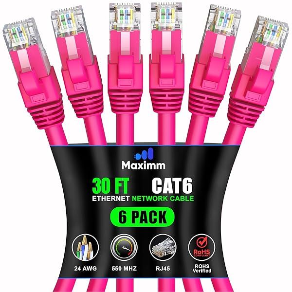 Maximm Cat 6 Ethernet Cable 30ft (6-Pack) - High-Speed 10Gbps Network Cable - Pink UTP Patch Cord for Fast Internet