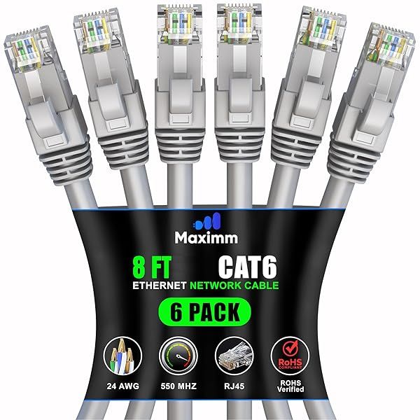 Maximm Cat 6 Ethernet Cable 8ft (6-Pack) - High-Speed 10Gbps LAN & Network Cables - UTP, 550MHz, Gray