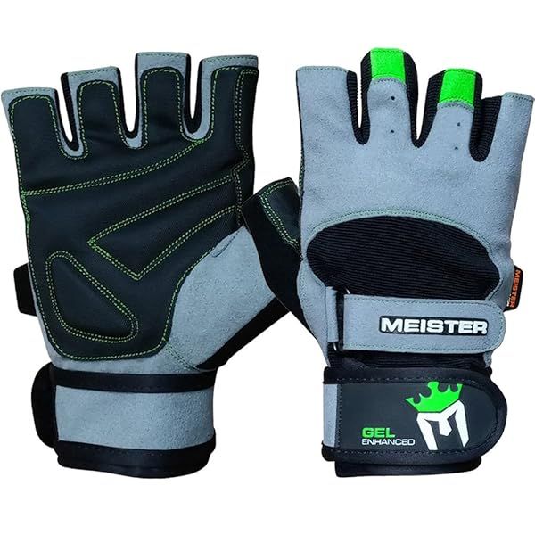 Meister Wrist Wrap Weight Lifting Gloves with Gel Padding in Gray and Neon Green X-Large