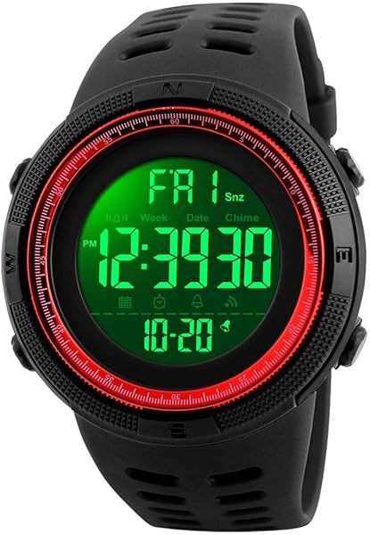 Fanmis Mens Digital LED Sports Watch Military Multifunction Water Resistant Dual Time Alarm Countdown Back Light Simple Design Black Red