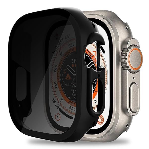 Miimall Apple Watch Ultra 49mm Privacy Screen Case Anti-Scratch Tempered Glass Full Coverage Shockproof Bumper with Built-in Protector