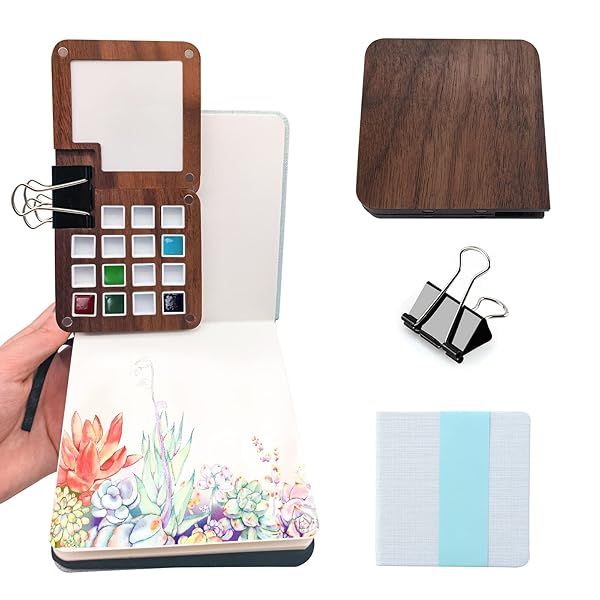 Mini Watercolor Palette,Travel Watercolor with Lid,Wooden Colour Palette Box for Painting Gift for Painters 15 Grids Box - Gift a Clip,Pocket