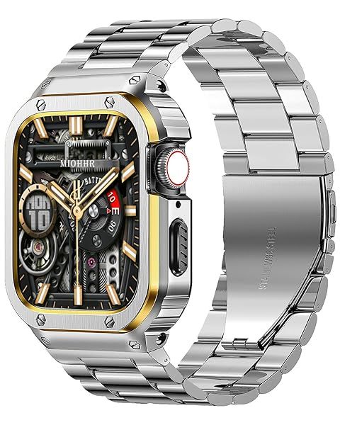 MioHHR Stainless Steel Band and Case Compatible with Apple Watch Band 41mm 40mm 38mm, Men Metal Protective Bumper Cover for iWatch Series 9 8 7 6 5 4