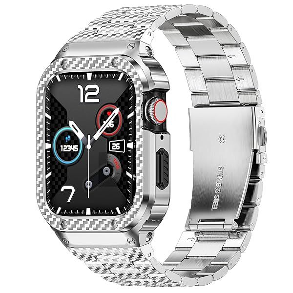 MioHHR Stainless Steel Band and Case Compatible with Apple Watch Band 45mm, Men Metal Protective Bumper Cover for iWatch Series 9 8 7, Silver Pattern