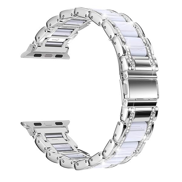 Moolia Metal Band for Apple Watch 42-49mm Women Rhinestones Resin Bling Diamond Bracelet Compatible with iWatch Series 10 to 1 SE Ultra Silver White