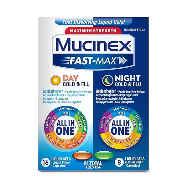Relief with Mucinex Fast-Max Day & Night Combo: Cold, Flu, Cough, Fever & Sore Throat Medicine - 24 Fast-Dissolving Gels