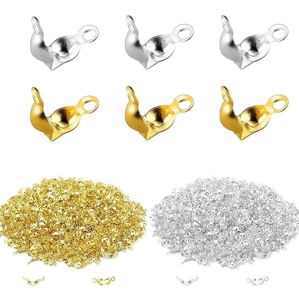 Mulutoo 1600Pcs Bead Tips Knot Covers Metal Open Clamshells for Jewelry Making Craft DIY in 2 Colors