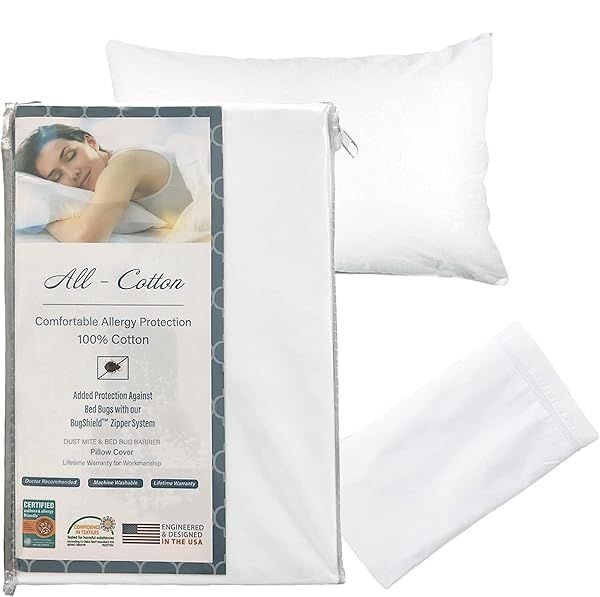 National Allergy King Size Cotton Zippered Pillow Protector - 2 Pack, Hypoallergenic, 300 Thread Count, Breathable Encasement