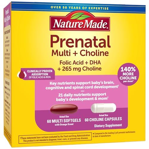 Nature Made Prenatal Vitamin Softgels + Choline Capsules, Folic Acid + DHA + Choline, 60 Prenatal Vitamins for Women, 60 Choline Supplements Capsules, 60 Day Supply