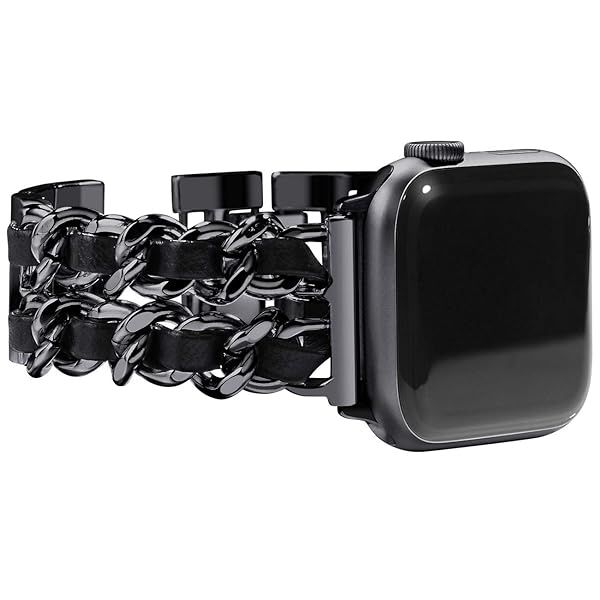 Stylish NewWays Black Link & Leather Apple Watch Band for Series 8, 7, SE, 6, 5, 4, 3 - 41mm & 38mm Jewelry Bracelet for Women