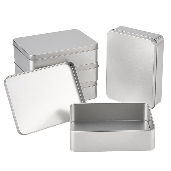OLYCRAFT 5PCS Rectangle Metal Empty Tins Airtight Storage for Small Items Home Organizer Christmas Decorations 6x4x1.6 Inch Silver