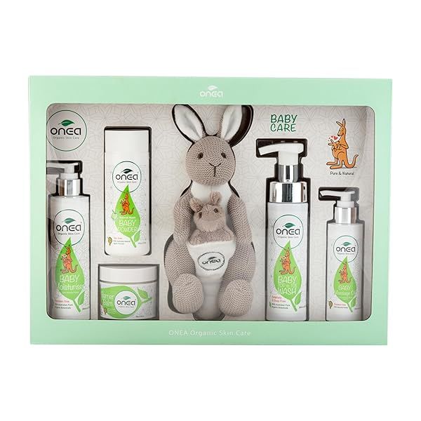 ONEA Organic Baby Gift Pack: 6-Piece Set with Powder, Oil, Bath Wash & Plush - Perfect Baby Shower Gifts for New Moms