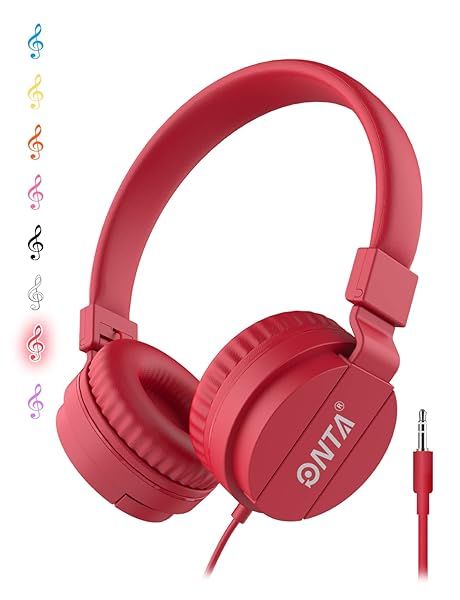 ONTAP Kids Headphones Wired for Boys and Girls Comfortable Earphones for School Travel Gaming Compatible with iPad Laptop Smartphone Red