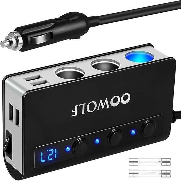 OOWOLF 180W Quick Charge 3.0 Car Power Adapter: 3-Socket & 4 USB Ports for GPS, Dash Cam, Phone & Tablet
