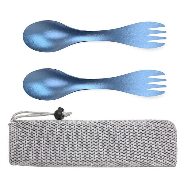 OUTXE 2-Pack Titanium Camping Utensils: Eco-Friendly Sporks for Backpacking & Hiking - Ice-Crystal Blue