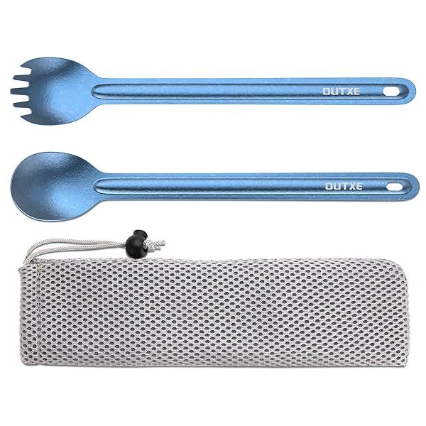 OUTXE Titanium Camping Utensil: Ultra Lightweight Long Handle Spoon & Spork for Backpacking & Hiking - Ice-Crystal Blue