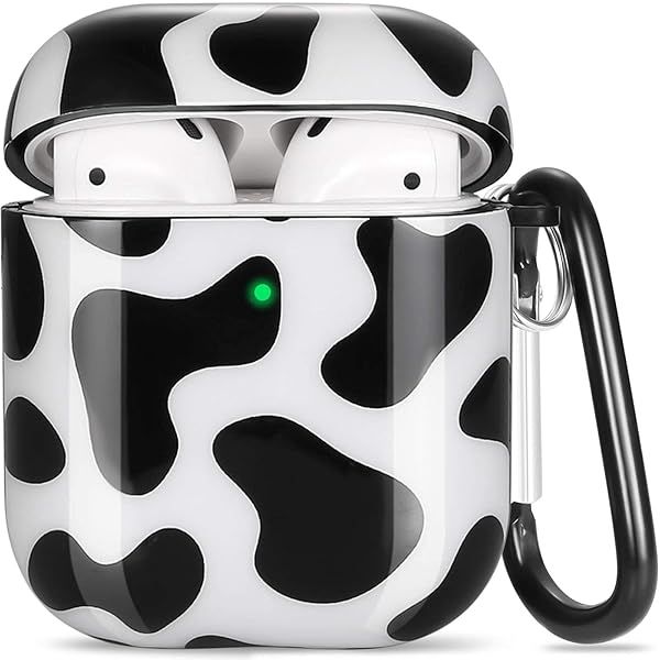 Olytop Cute Cow Case Cover for Airpods 1st 2nd Generation Protective Hard Skin with Keychain for Women and Girls Black Color
