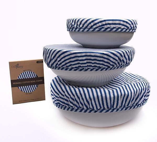 Organic Reusable Bowl Covers Set of 3 Elastic Lids Blue Stripes 100 Cotton Kitchen Essential Gift for Women Stretched Food Covers