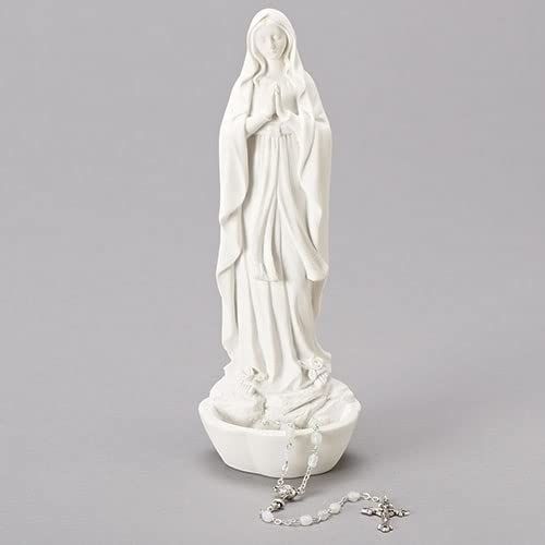 Elegant Our Lady of Lourdes Ivory 3x8 Resin Stone Tabletop Rosary Holder - Perfect for Home Decor