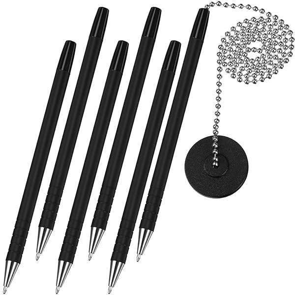 Outus 6 Pcs Clipboard Pens with Chain - Secure Reception Counter Pens with Base Holder & Adhesive, Black Ink