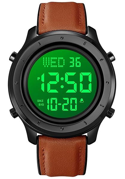 PASOY Mens Big Dial Digital Leather Brown Watch Simple Large Display Countdown Alarm Stopwatch LED Backlight Business Multifunction Watches
