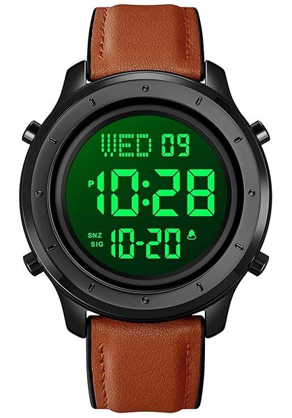 PASOY Mens Big Dial Digital Leather Watch Simple Large Display Countdown Alarm Stopwatch LED Backlight Black Dial Business Multifunction Watches