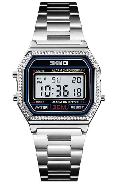 PASOY Men's Digital Gold Stainless Steel Watch Waterproof Multifunction Stopwatch Sport Watch with Crystal Bezel Silver