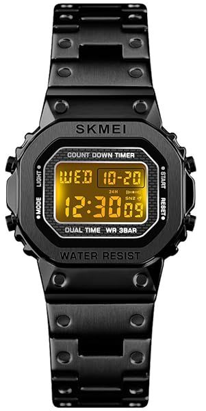 PASOY Women's Waterproof Digital Watch: Stainless Steel, Alarm, Stopwatch & Backlight - Stylish Black Square Case