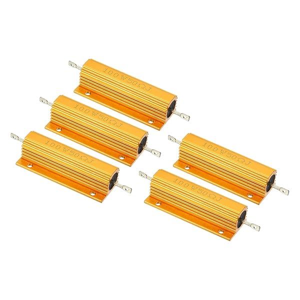 PATIKIL 100W 50 Ohm Aluminum Shell Resistor, 5 Pack Aluminum Housing Resistor Housed Case Wirewound Resistors Screw Tap Power Resistor, Golden