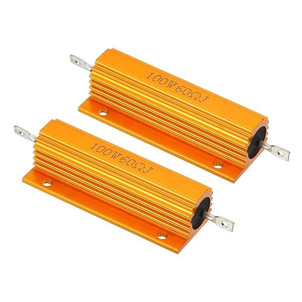 PATIKIL 100W 60 Ohm Aluminum Shell Resistor, 2 Pack Aluminum Housing Resistor Housed Case Wirewound Resistors Screw Tap Power Resistor, Golden