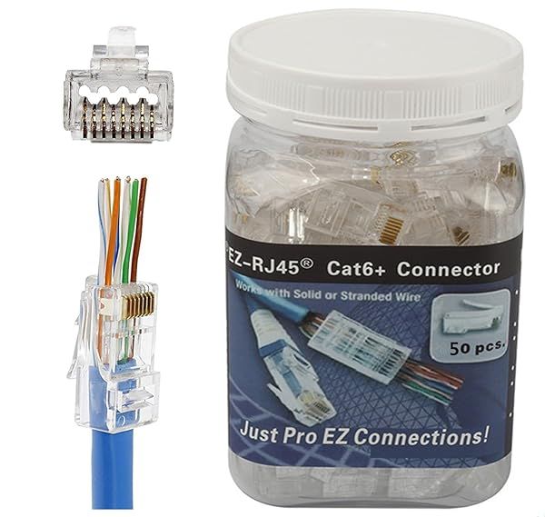 50-Pack PETECHTOOL RJ45 CAT6A/CAT6 Pass Through Connectors - Gold Plated 8P8C for Solid Wire & Standard Cables