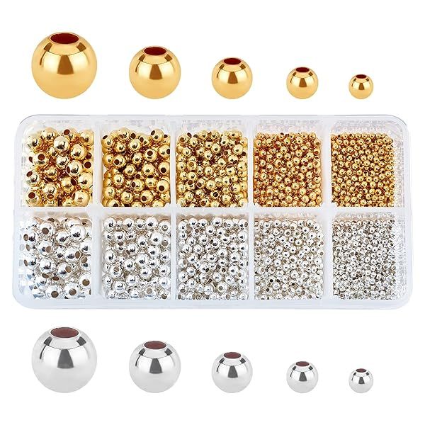 PH PandaHall 2340pcs Smooth Round Metal Beads in Gold and Silver for Jewelry Making Necklace Bracelet Earring 2.4 to 6mm