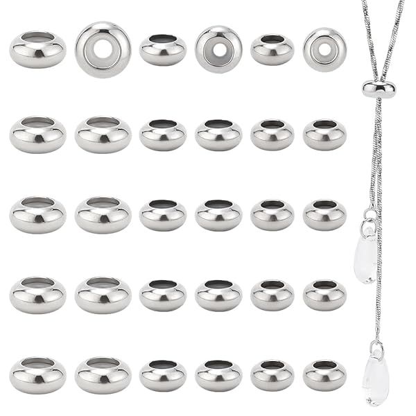 PH PandaHall 304 Stainless Steel Slider Beads 30pcs Adjustable Metal Loose Beads for Bracelet Necklace Jewelry Making 7mm 8mm 10mm