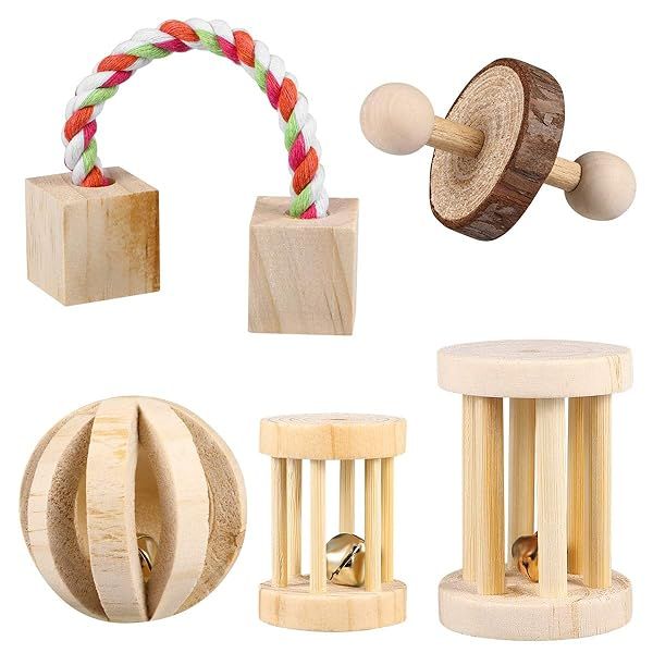 POPETPOP 5PCS Natural Wooden Hamster Chew Toys for Small Animals Teeth Care and Exercise Bell Roller for Bunnies Rats and Gerbils