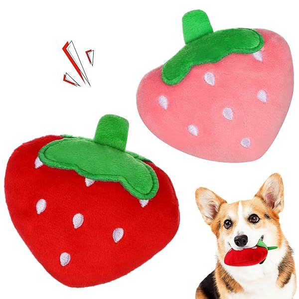 POPETPOP Squeaky Strawberry Dog Toy 2Pcs Interactive Plush Chew Toys for Small Medium Dogs Perfect for Teething and Playtime