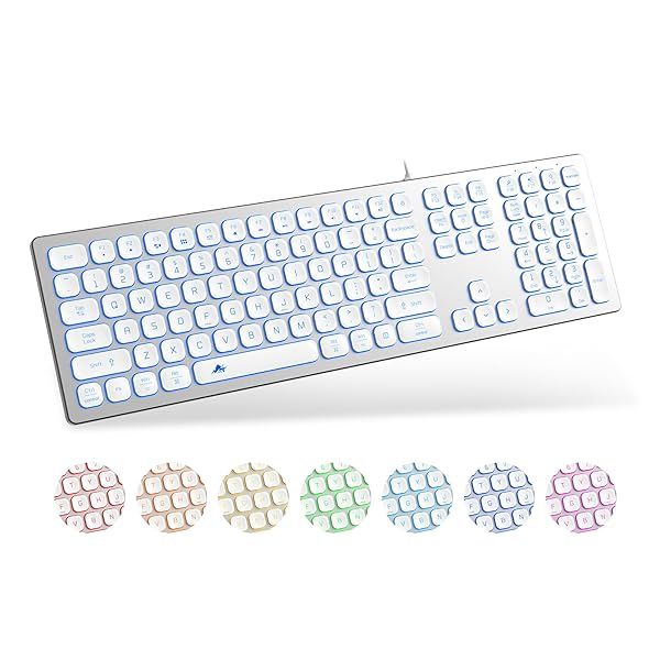 POWZAN Aluminum Backlit Keyboard - Slim Chiclet USB Keyboard for iMac, MacBook, PC with RGB Numeric Keypad - Silver White