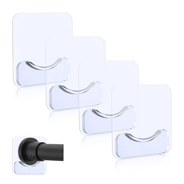 PREBENE Adhesive Shower Curtain Rod Holders - 4 Pcs No-Drill Transparent Wall Mounts for Easy Installation